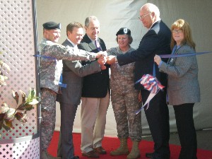 Cutting the ribbon at the chapter's C4IST Exhibition in October are (l-r) Col. Joe Puett, USA, commander, Joint Interoperability Test Command; Richard Besselman, chapter president; Bob Strain, Sierra Vista mayor; Brig. Gen. Jennifer Napper, USA, commanding general, U.S. Army Network Enterprise Technology Command (NETCOM)/9th Signal Command; Kent R. Schneider, president and chief executive officer, AFCEA International; and Shay Saucedo, a representative for U.S. Congresswoman Gabrielle Giffords.